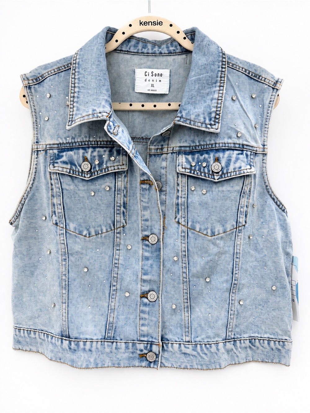 NWT Ci Sono Denim Rhinestone Acid Wash Vest – Size XL
